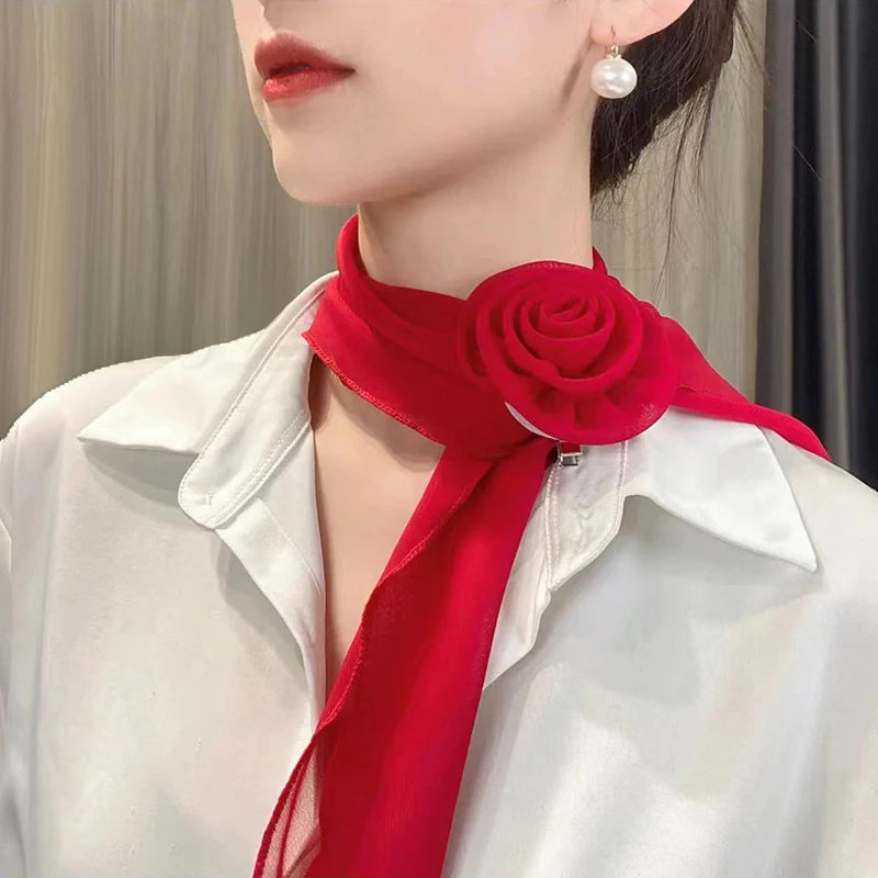 Rose Flower Silk Scarf Versatile Soft Neckerchief For Women Girls Temperament Long Ribbon Tie Scarf Office Clothes Gifts
