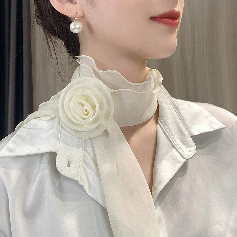 Rose Flower Silk Scarf Versatile Soft Neckerchief For Women Girls Temperament Long Ribbon Tie Scarf Office Clothes Gifts